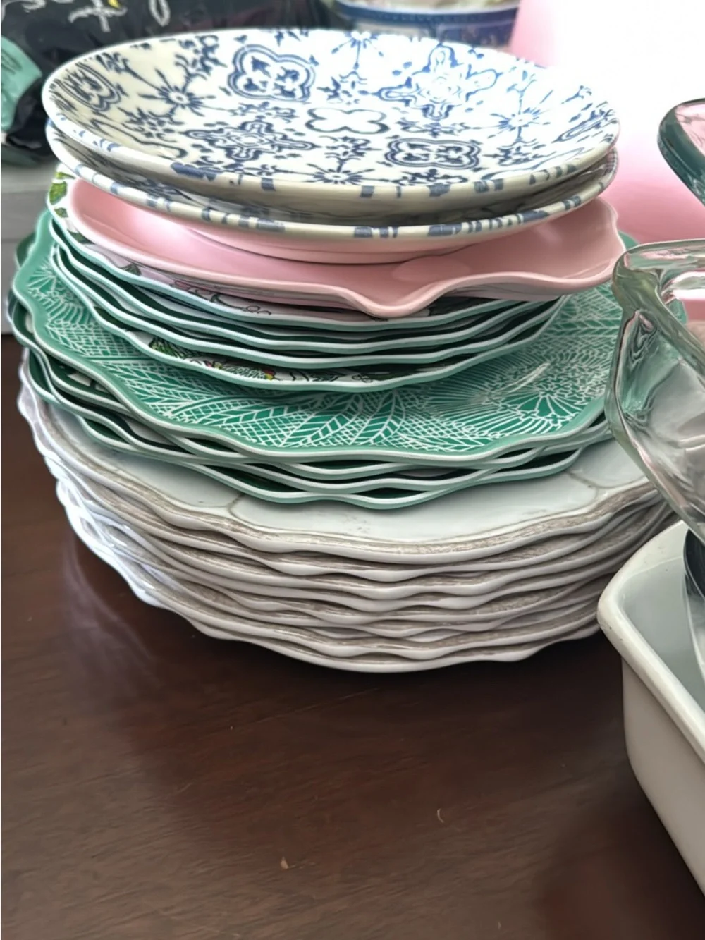 Mixed melamine opal house Plates in Green, Pink, Blue, and White & 2 ceramic